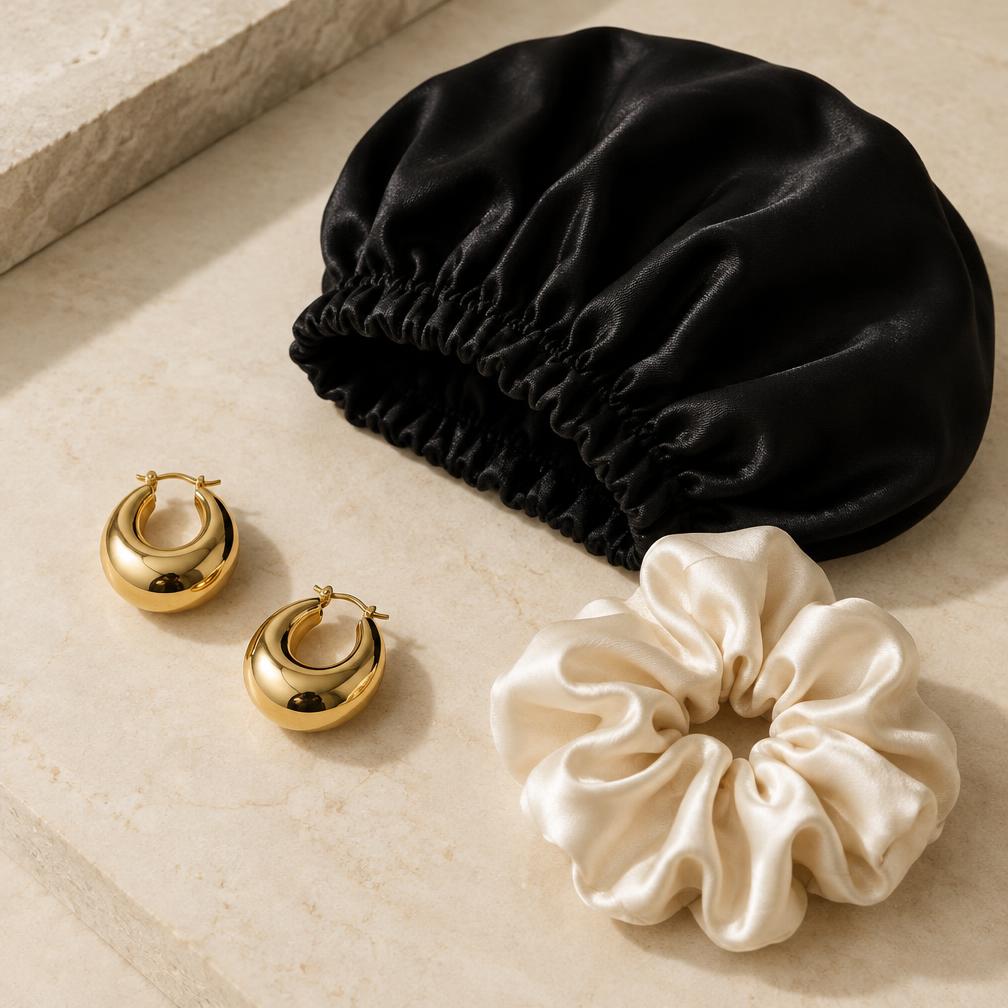 Editorial preview of gold earrings and silk hair accessories